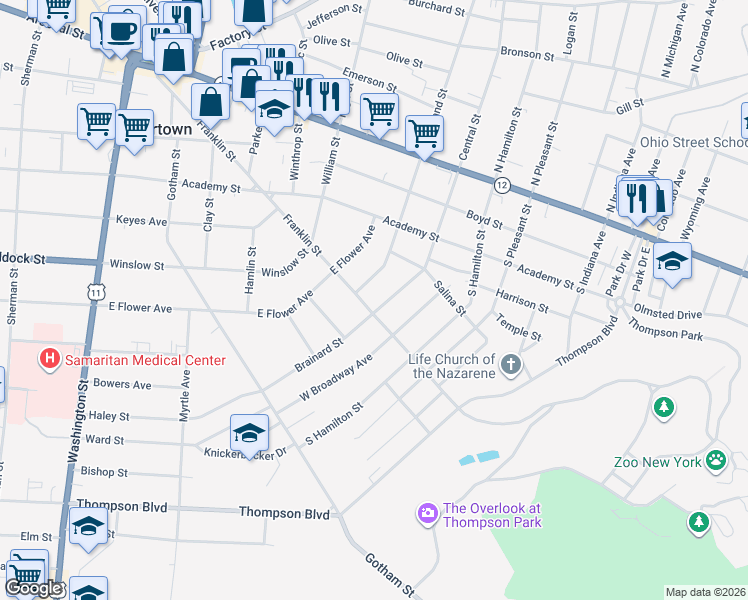 map of restaurants, bars, coffee shops, grocery stores, and more near 347 South Rutland Street in Watertown