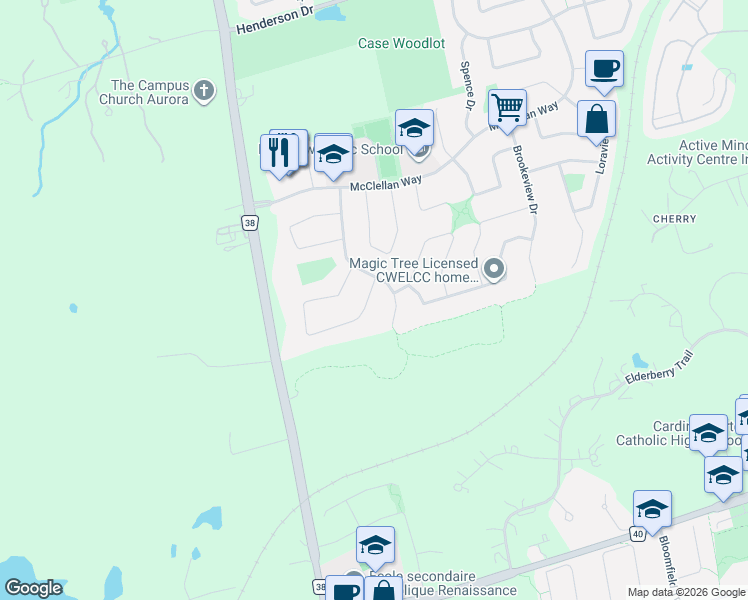 map of restaurants, bars, coffee shops, grocery stores, and more near 160 Carlyle Crescent in Aurora