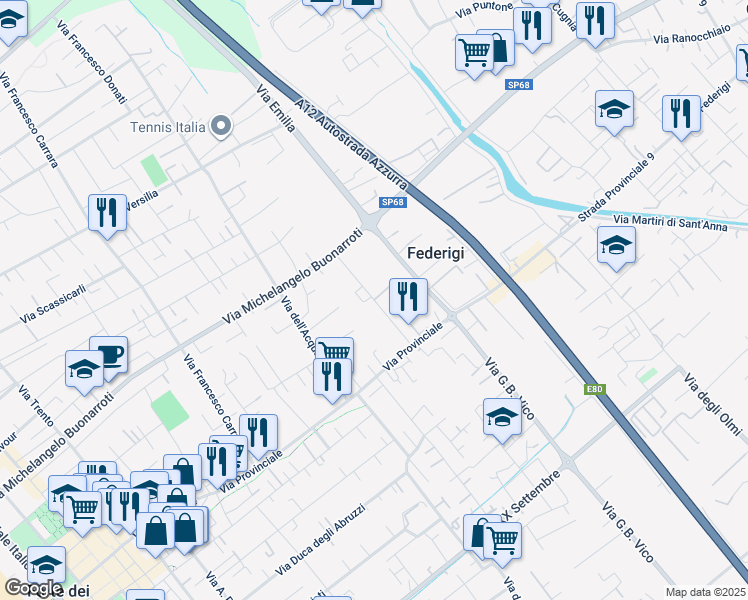 map of restaurants, bars, coffee shops, grocery stores, and more near 54 Via Luigi Dallapiccola in Forte dei Marmi
