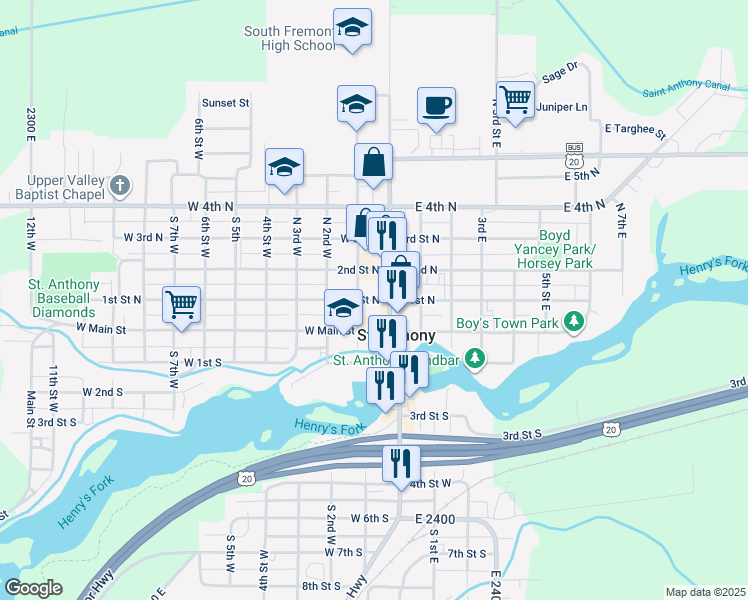 map of restaurants, bars, coffee shops, grocery stores, and more near 48 West 1st North in Saint Anthony