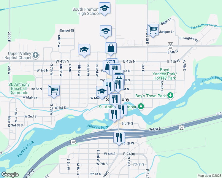 map of restaurants, bars, coffee shops, grocery stores, and more near 48 West 1st North in Saint Anthony