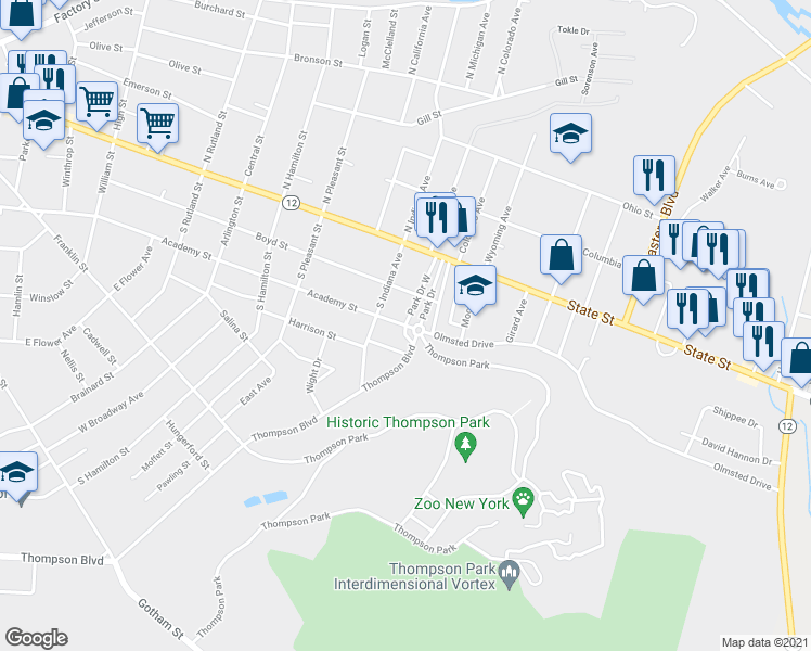 map of restaurants, bars, coffee shops, grocery stores, and more near Academy Street & Park Drive West in Watertown