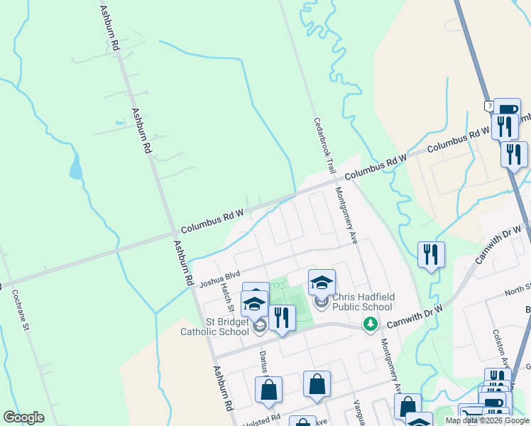 map of restaurants, bars, coffee shops, grocery stores, and more near Stanwood Crescent in Whitby