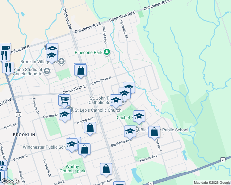 map of restaurants, bars, coffee shops, grocery stores, and more near 29 Dunstable Drive in Whitby