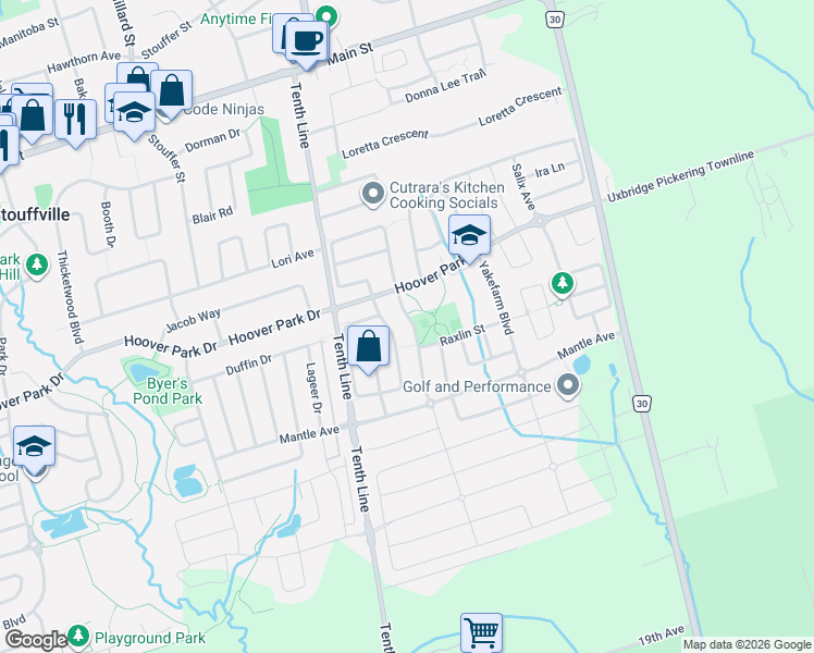 map of restaurants, bars, coffee shops, grocery stores, and more near 34 Sunnyridge Avenue in Whitchurch-Stouffville