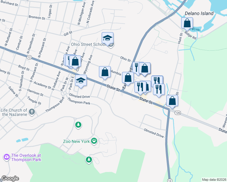 map of restaurants, bars, coffee shops, grocery stores, and more near 1623 New York 3 in Watertown