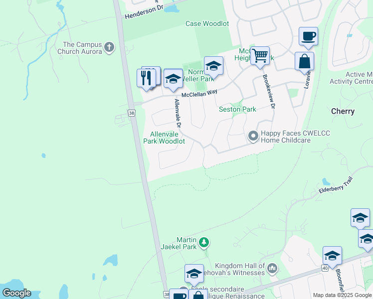 map of restaurants, bars, coffee shops, grocery stores, and more near 151 Carlyle Crescent in Aurora