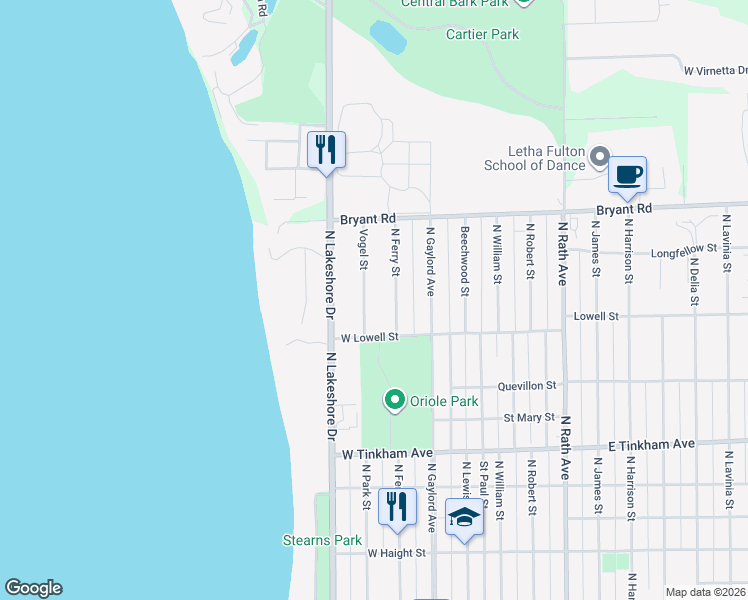 map of restaurants, bars, coffee shops, grocery stores, and more near 1019 North Ferry Street in Ludington