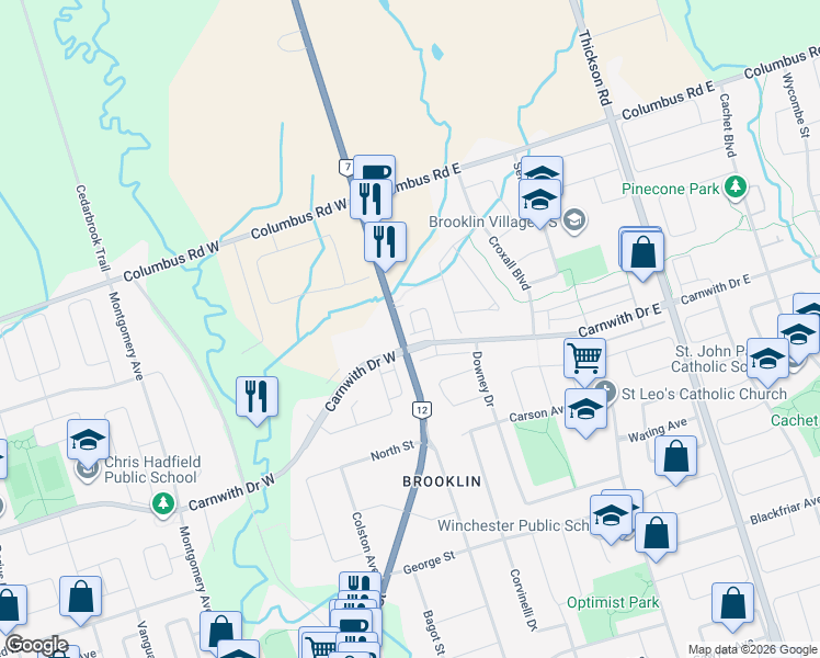 map of restaurants, bars, coffee shops, grocery stores, and more near 59 Sorbara Way in Whitby