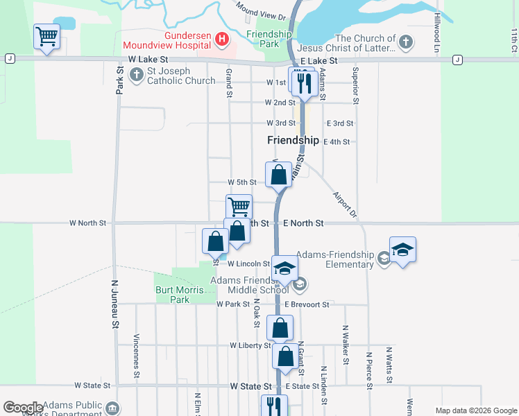 map of restaurants, bars, coffee shops, grocery stores, and more near 601 West Street in Friendship