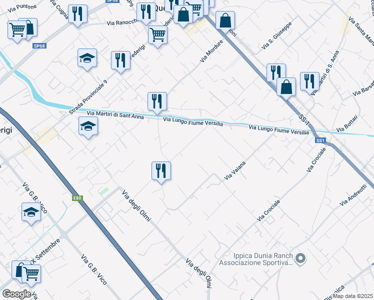 map of restaurants, bars, coffee shops, grocery stores, and more near 13 Via Fontana in Pietrasanta