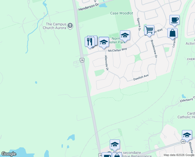 map of restaurants, bars, coffee shops, grocery stores, and more near 52 Carlyle Crescent in Aurora