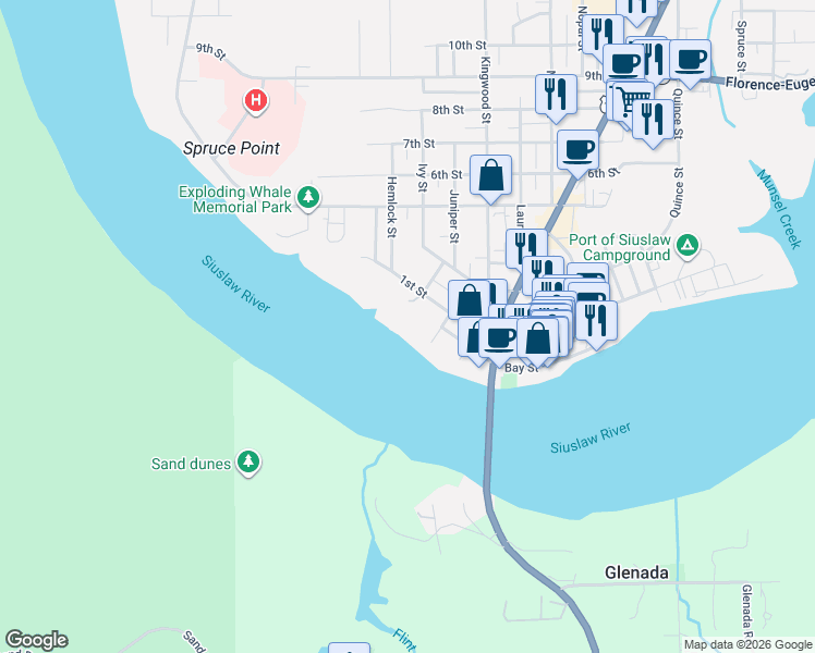 map of restaurants, bars, coffee shops, grocery stores, and more near 1040 Bay Street in Florence