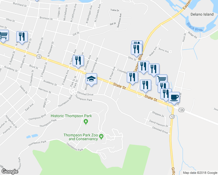 map of restaurants, bars, coffee shops, grocery stores, and more near 111 South Pearl Avenue in Watertown
