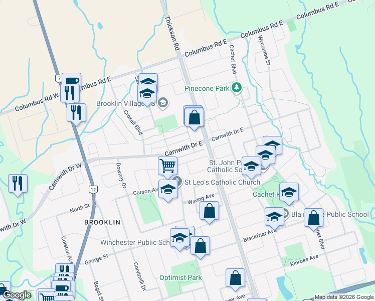 map of restaurants, bars, coffee shops, grocery stores, and more near 171 Carnwith Drive East in Whitby