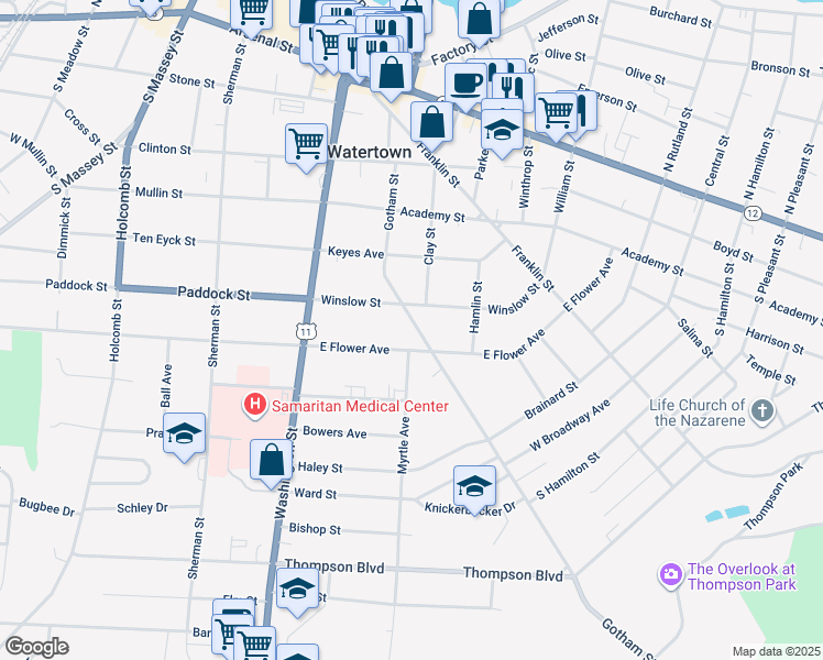 map of restaurants, bars, coffee shops, grocery stores, and more near 214 Winslow Street in Watertown
