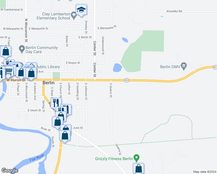 map of restaurants, bars, coffee shops, grocery stores, and more near 380 East Huron Street in Berlin