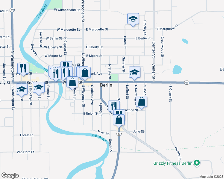 map of restaurants, bars, coffee shops, grocery stores, and more near 116 South State Street in Berlin