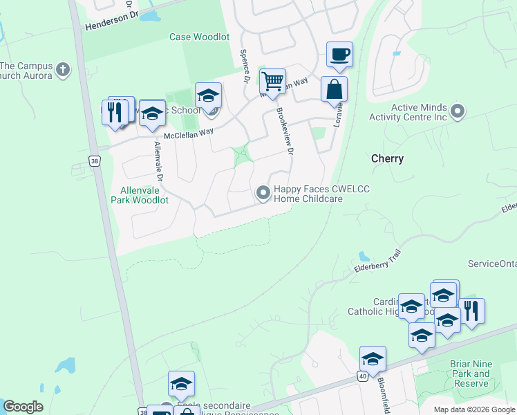 map of restaurants, bars, coffee shops, grocery stores, and more near 115 Dawlish Avenue in Aurora