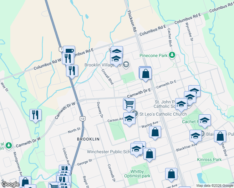 map of restaurants, bars, coffee shops, grocery stores, and more near 7 Croxall Boulevard in Whitby