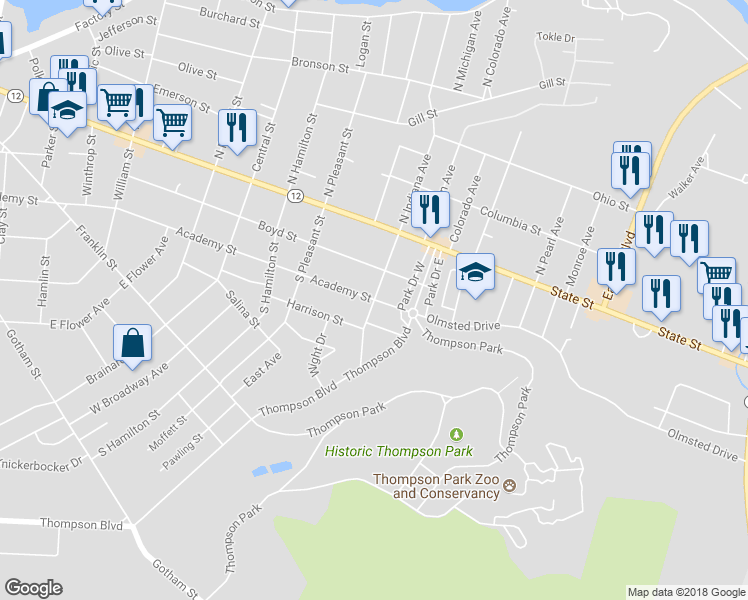 map of restaurants, bars, coffee shops, grocery stores, and more near 300 South Indiana Avenue in Watertown