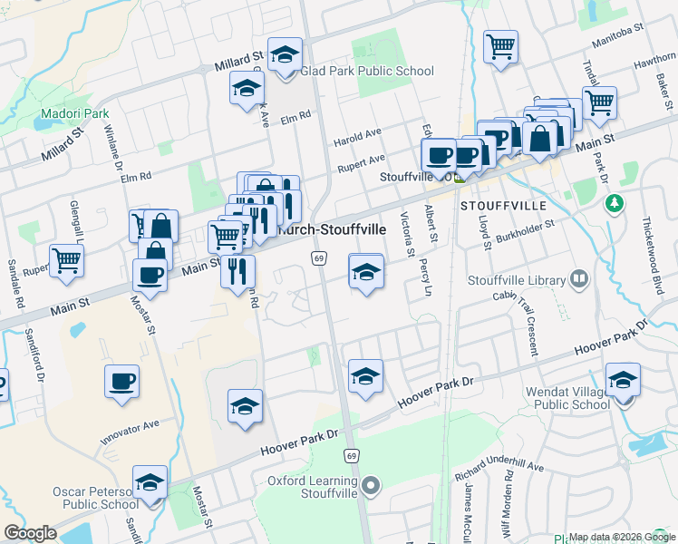 map of restaurants, bars, coffee shops, grocery stores, and more near 305 Sunset Boulevard in Whitchurch-Stouffville