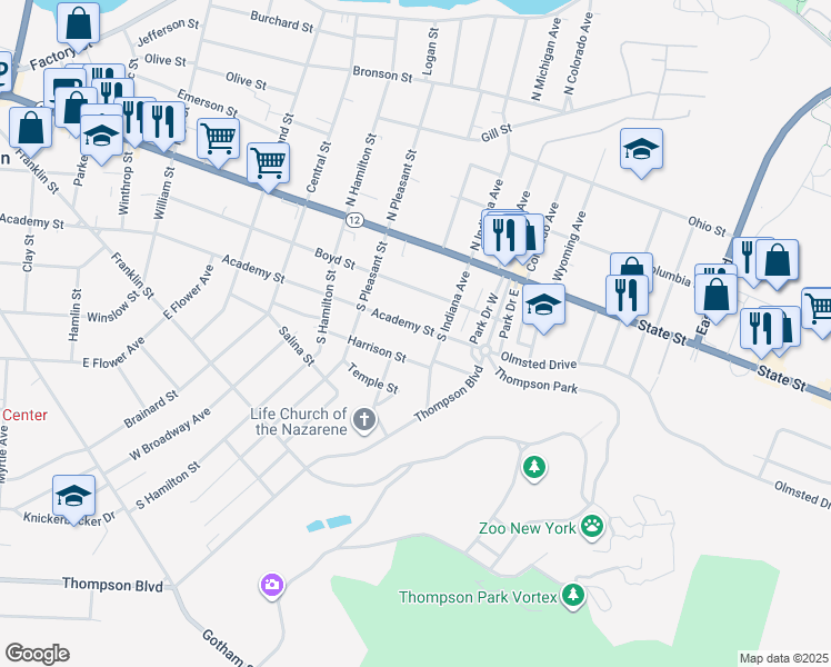 map of restaurants, bars, coffee shops, grocery stores, and more near 1148 Academy Street in Watertown