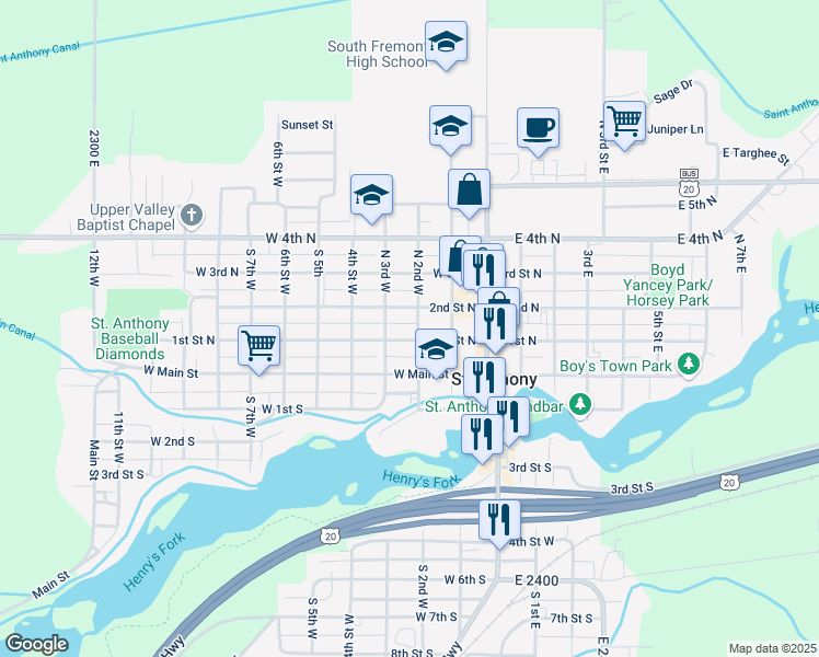 map of restaurants, bars, coffee shops, grocery stores, and more near 147 North 2nd East in Saint Anthony