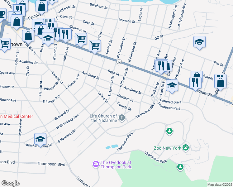 map of restaurants, bars, coffee shops, grocery stores, and more near 320 South Pleasant Street in Watertown