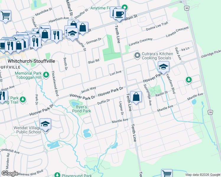 map of restaurants, bars, coffee shops, grocery stores, and more near 257 Hoover Park Drive in Whitchurch-Stouffville