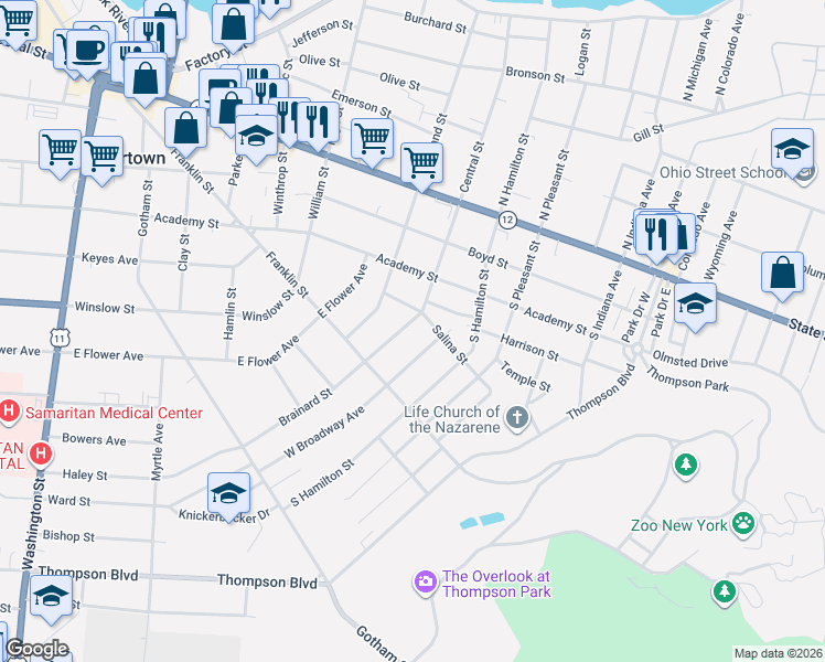 map of restaurants, bars, coffee shops, grocery stores, and more near 345 Arlington Street in Watertown
