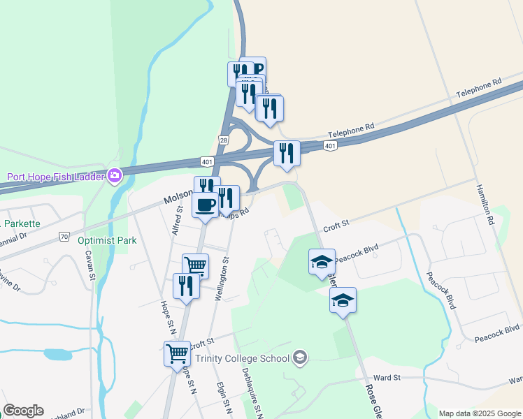 map of restaurants, bars, coffee shops, grocery stores, and more near 101 Phillips Road in Port Hope