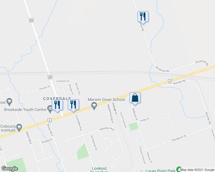 map of restaurants, bars, coffee shops, grocery stores, and more near 480 King Street East in Cobourg