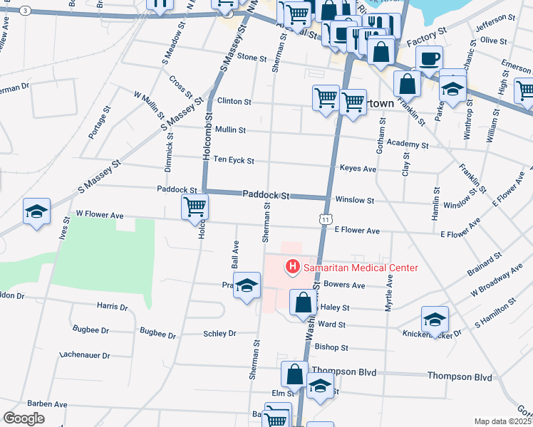 map of restaurants, bars, coffee shops, grocery stores, and more near 209 Paddock Street in Watertown