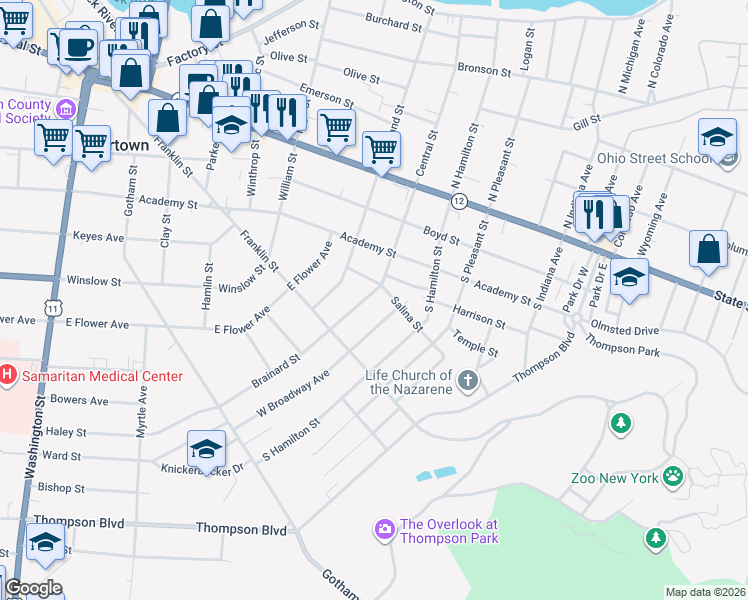 map of restaurants, bars, coffee shops, grocery stores, and more near 343 Arlington Street in Watertown