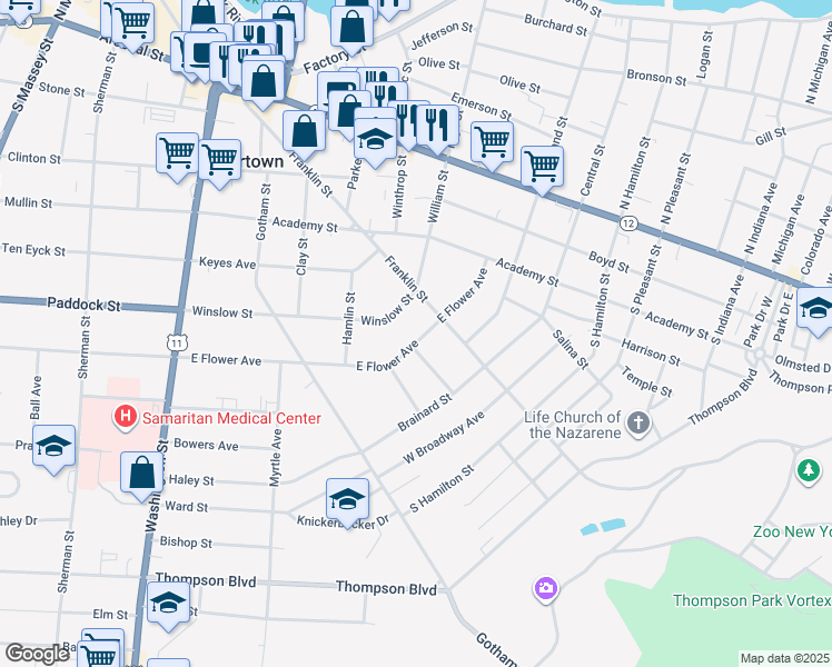 map of restaurants, bars, coffee shops, grocery stores, and more near 369 East Flower Avenue in Watertown