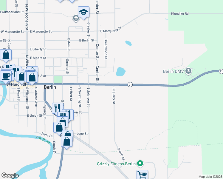 map of restaurants, bars, coffee shops, grocery stores, and more near 115 South Quarry Street in Berlin