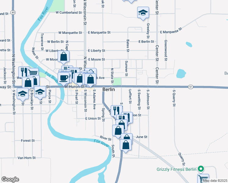 map of restaurants, bars, coffee shops, grocery stores, and more near 116 South State Street in Berlin