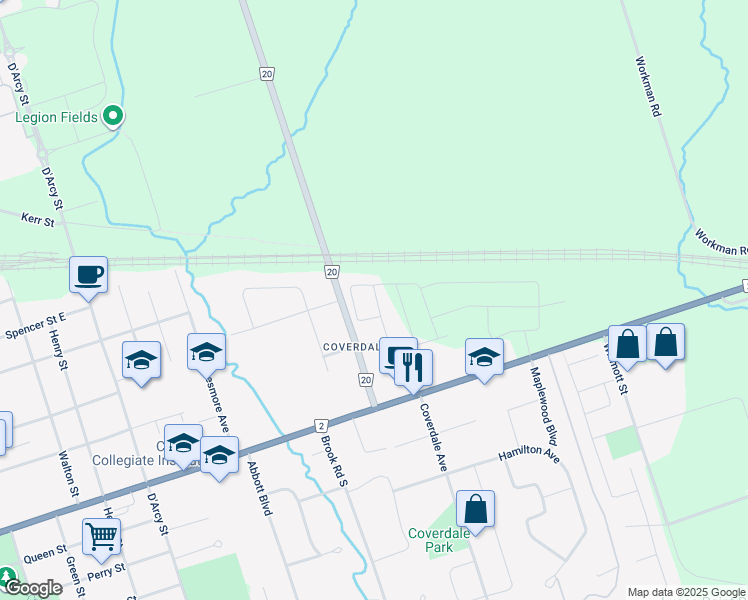 map of restaurants, bars, coffee shops, grocery stores, and more near Rollings Street in Cobourg