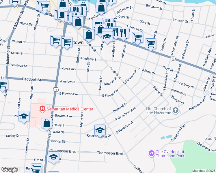 map of restaurants, bars, coffee shops, grocery stores, and more near 320 Winslow Street in Watertown