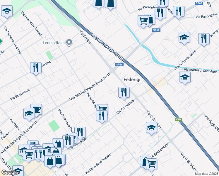 map of restaurants, bars, coffee shops, grocery stores, and more near 54 Via Luigi Dallapiccola in Forte dei Marmi
