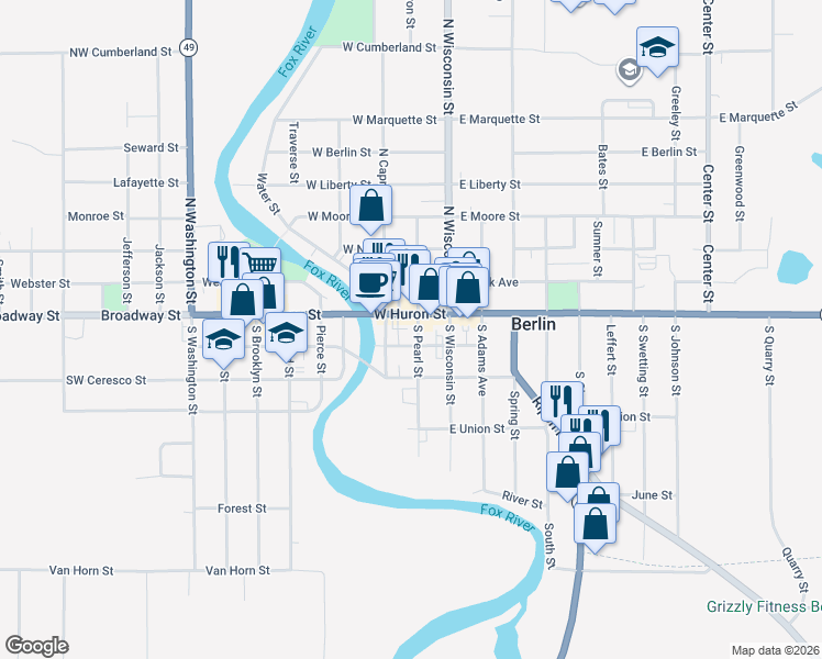 map of restaurants, bars, coffee shops, grocery stores, and more near 140 West Huron Street in Berlin