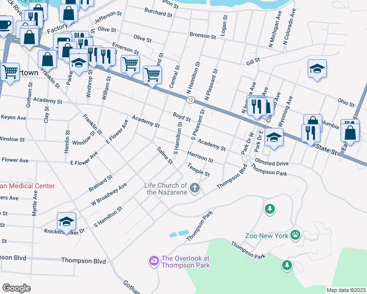 map of restaurants, bars, coffee shops, grocery stores, and more near 317 South Hamilton Street in Watertown