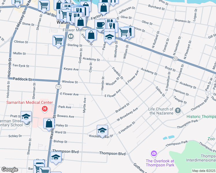 map of restaurants, bars, coffee shops, grocery stores, and more near 320 Winslow Street in Watertown