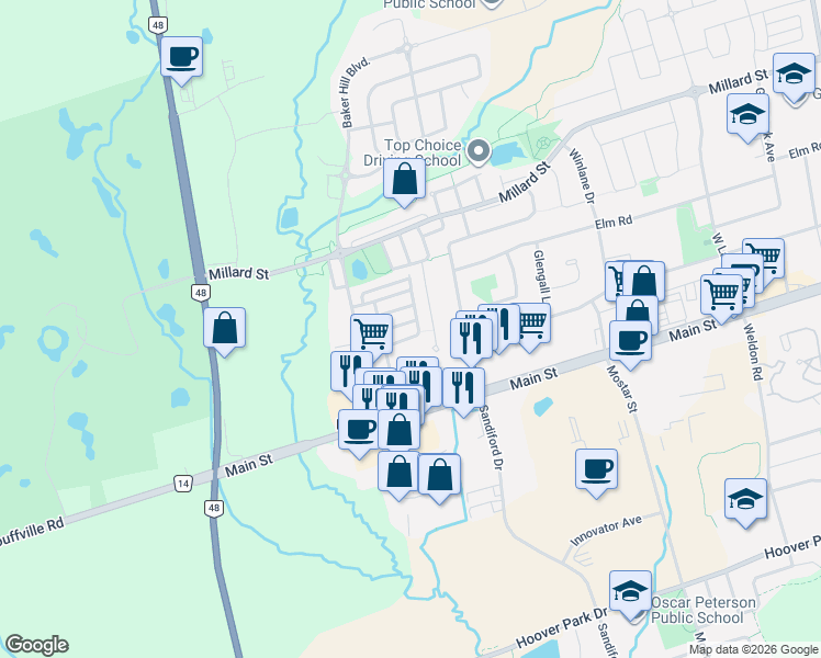 map of restaurants, bars, coffee shops, grocery stores, and more near 50 Wimshaw Lane in Whitchurch-Stouffville