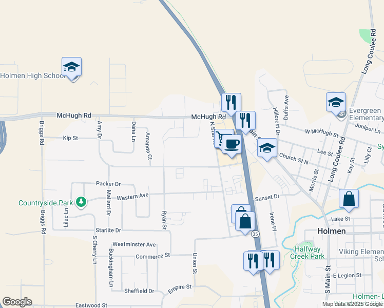 map of restaurants, bars, coffee shops, grocery stores, and more near 621 Amy Drive in Holmen