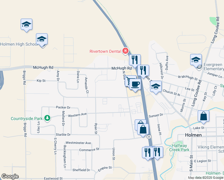 map of restaurants, bars, coffee shops, grocery stores, and more near 621 Amy Drive in Holmen