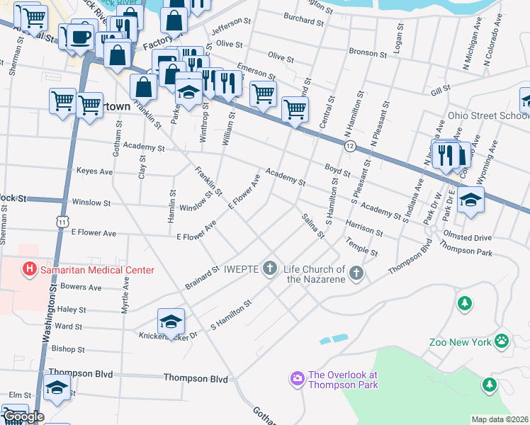 map of restaurants, bars, coffee shops, grocery stores, and more near 347 S Rutland St in Watertown