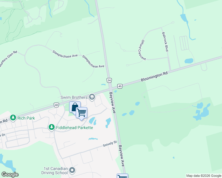 map of restaurants, bars, coffee shops, grocery stores, and more near Bayview Ave & Bloomington Rd in Richmond Hill