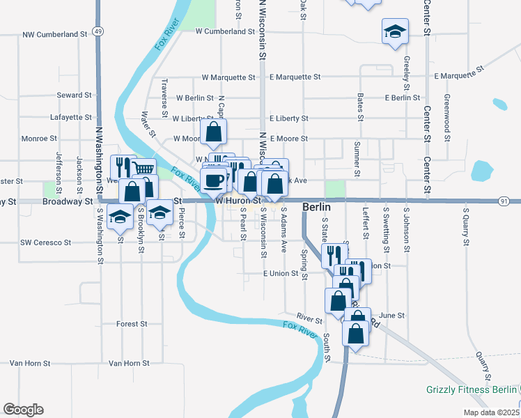 map of restaurants, bars, coffee shops, grocery stores, and more near 109 South Wisconsin Street in Berlin